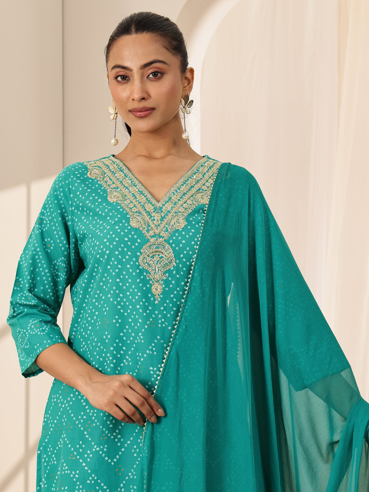 Anouk Turquoise Blue Printed Cotton Straight Suit Sets With Dupatta