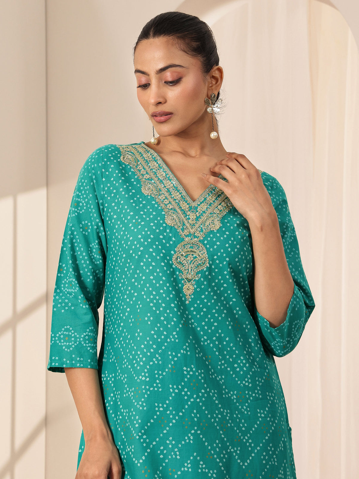 Anouk Turquoise Blue Printed Cotton Straight Suit Sets With Dupatta