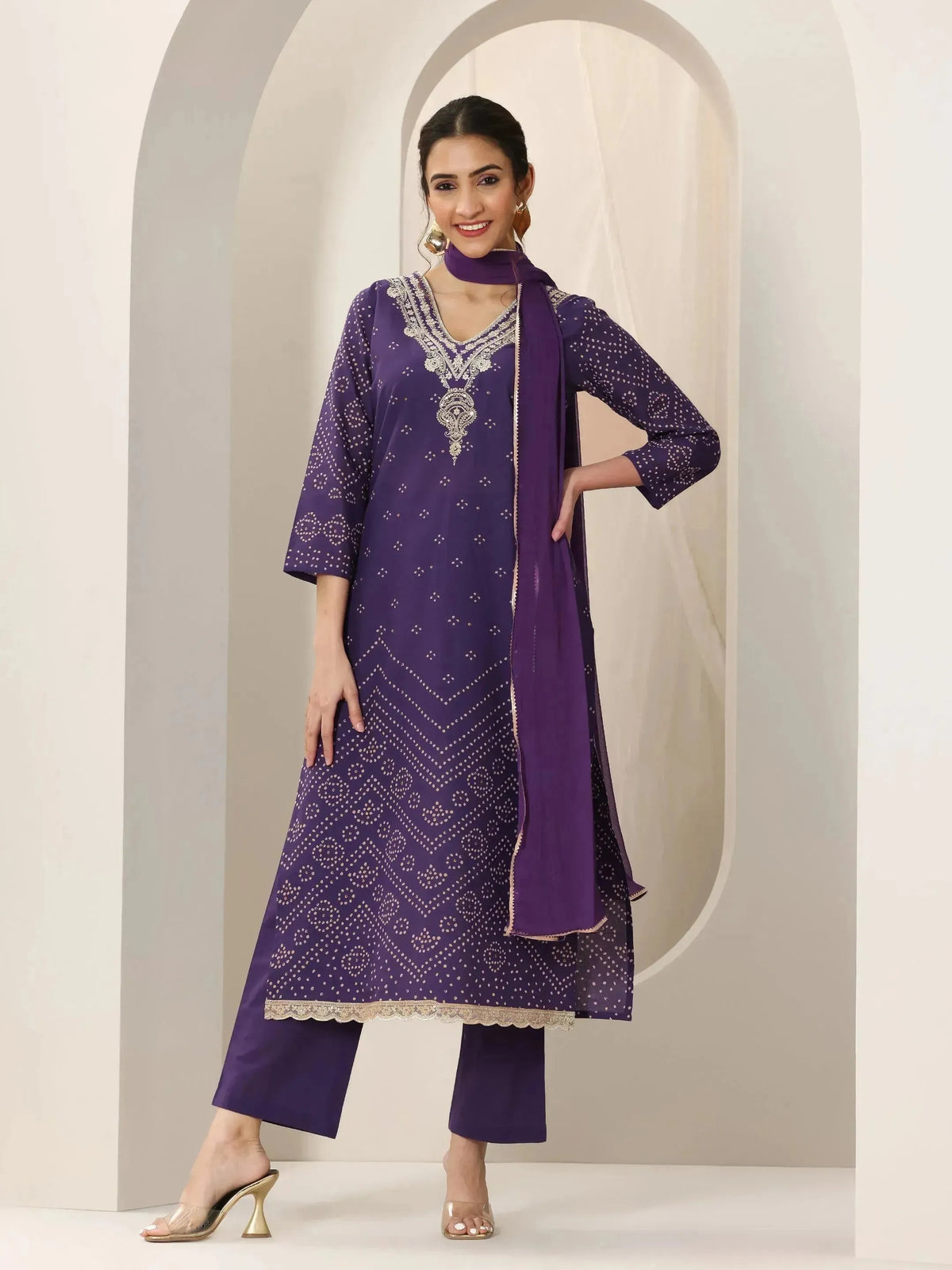 Anouk Purple Printed Cotton Straight Suit Set With Dupatta