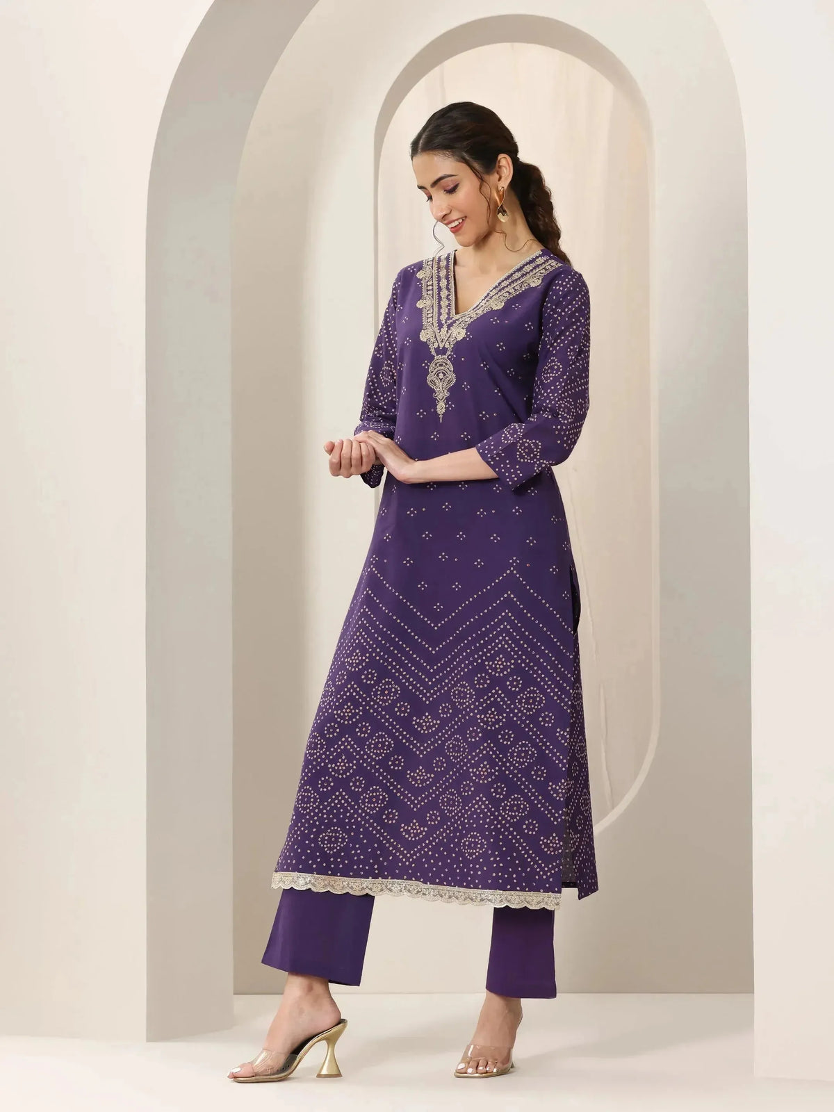 Anouk Purple Printed Cotton Straight Suit Set With Dupatta