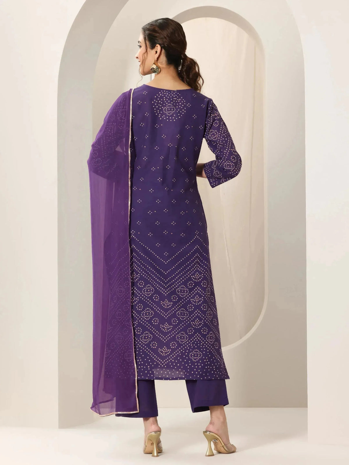 Anouk Purple Printed Cotton Straight Suit Set With Dupatta