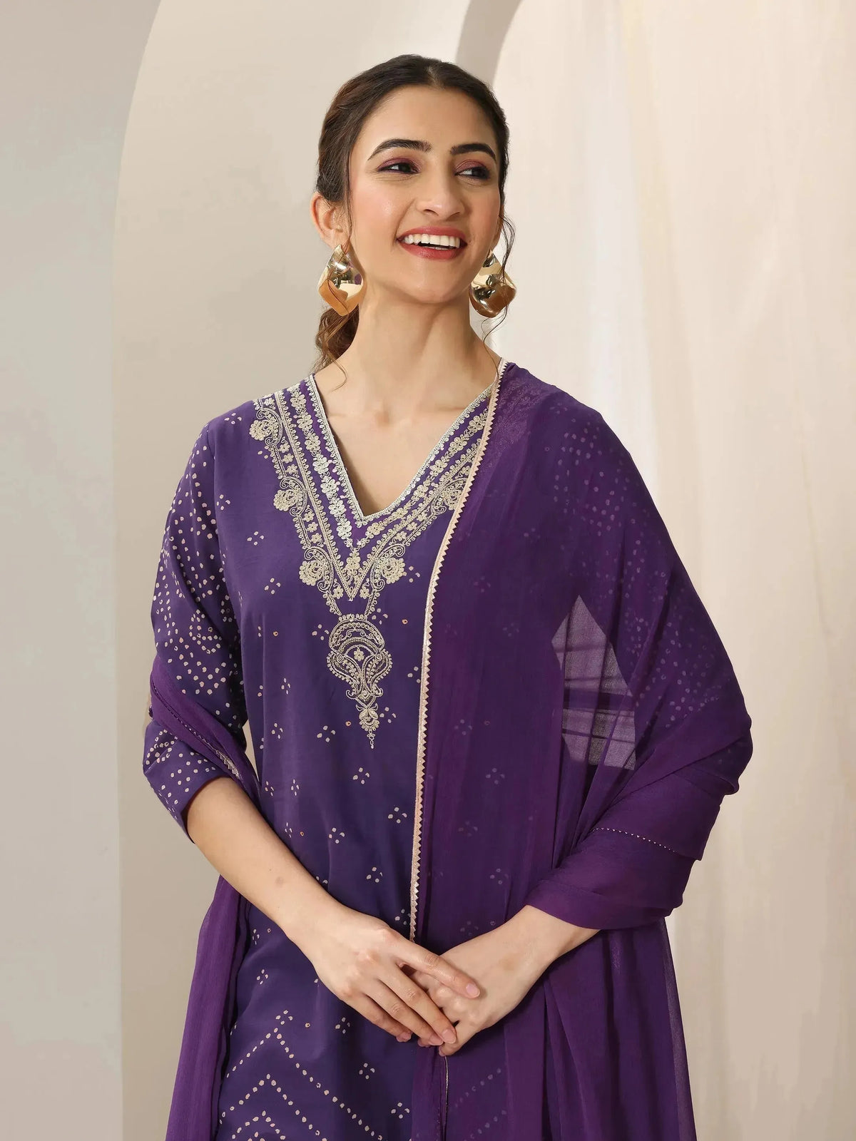 Anouk Purple Printed Cotton Straight Suit Set With Dupatta