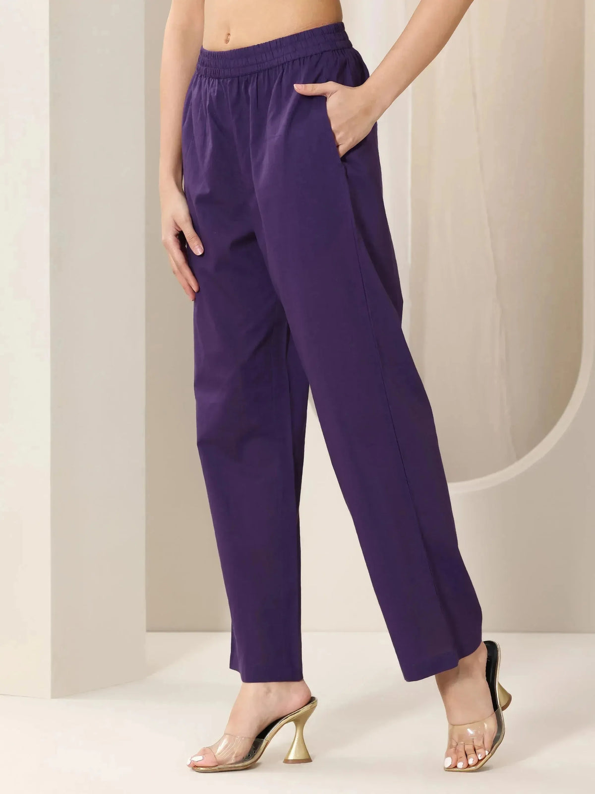 Anouk Purple Printed Cotton Straight Suit Set With Dupatta