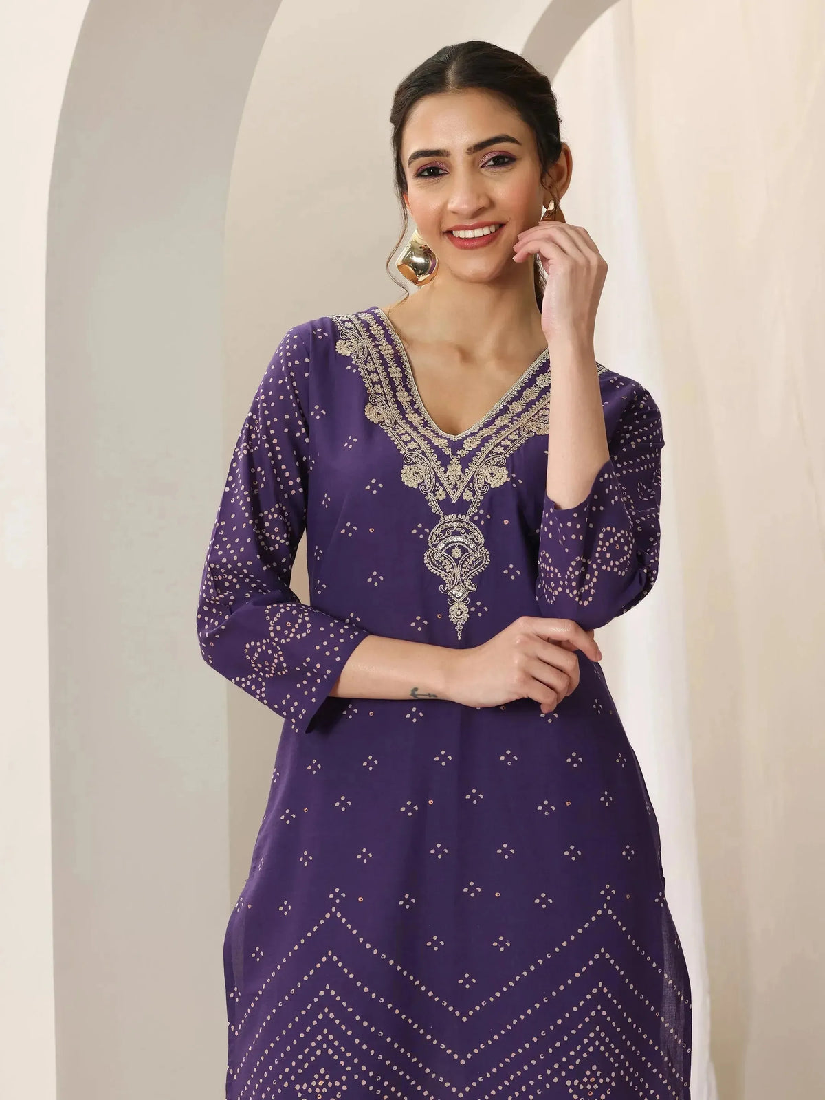 Anouk Purple Printed Cotton Straight Suit Set With Dupatta