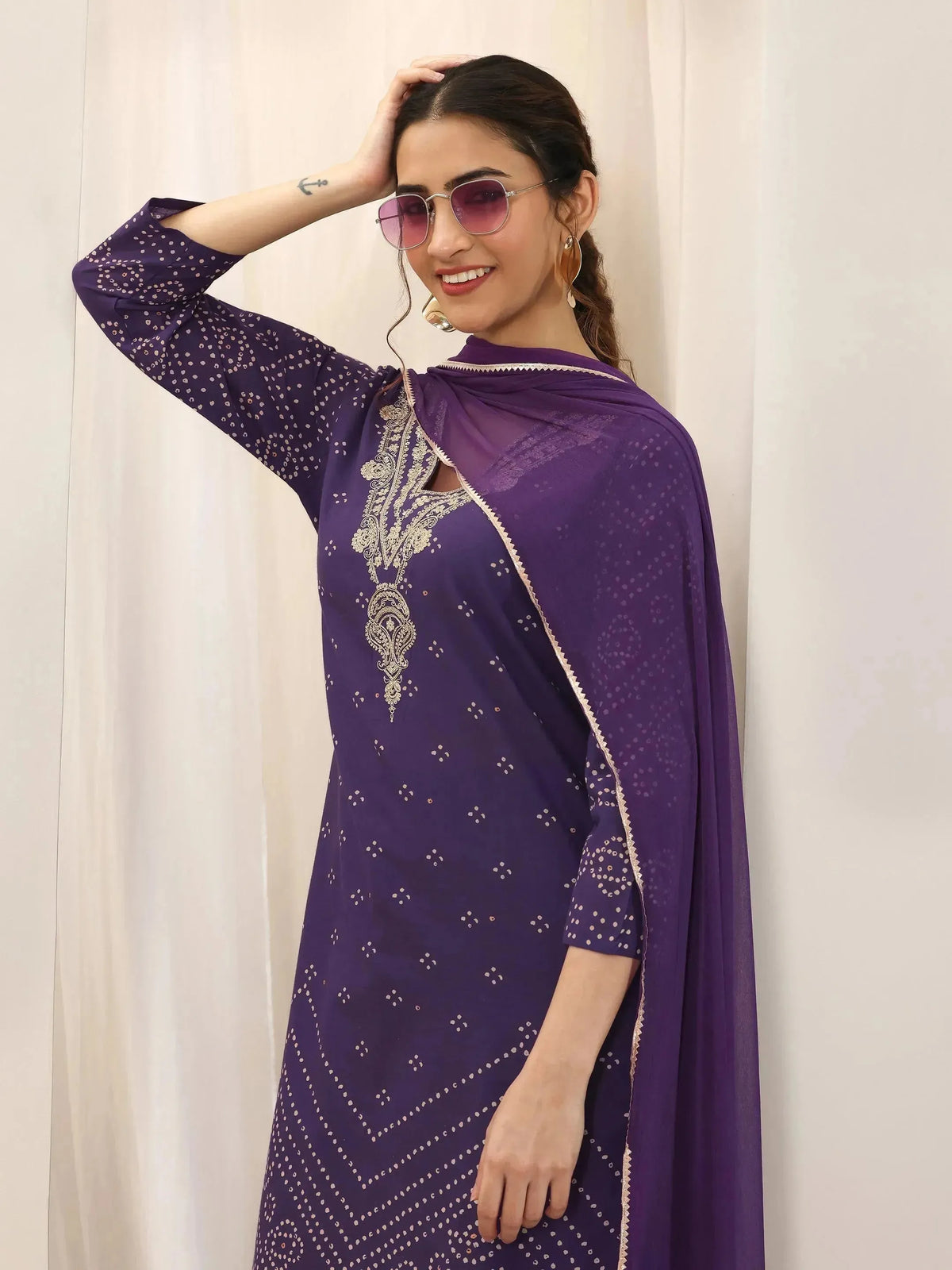 Anouk Purple Printed Cotton Straight Suit Set With Dupatta