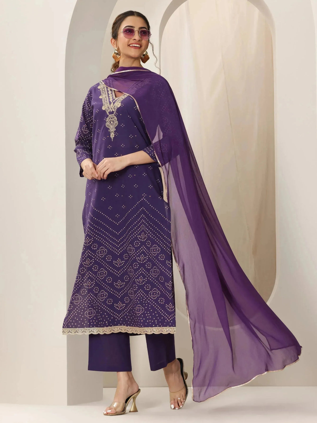 Anouk Purple Printed Cotton Straight Suit Set With Dupatta