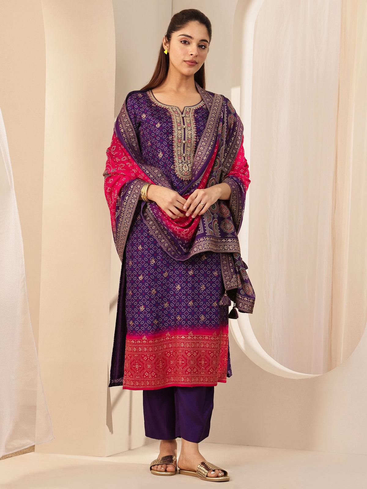 Anouk Purple Printed Silk Blend Straight Suit Sets With Dupatta
