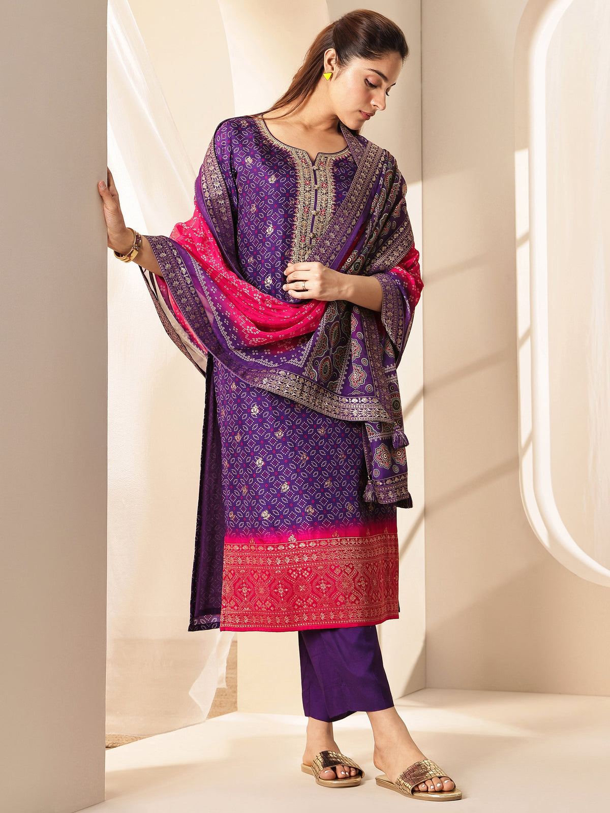 Anouk Purple Printed Silk Blend Straight Suit Sets With Dupatta