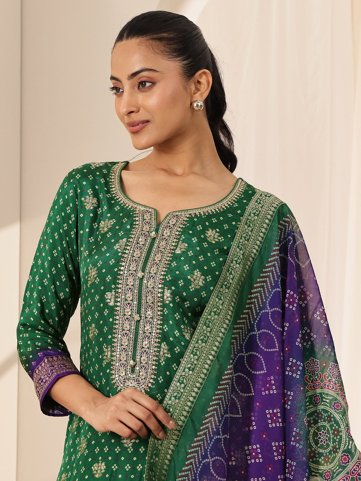 Anouk Green Printed Silk Blend Straight Suit Set With Dupatta