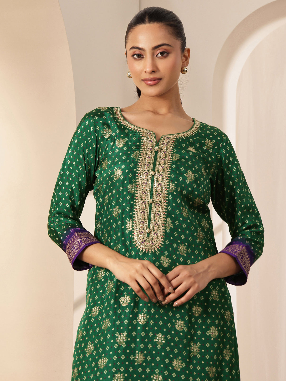 Anouk Green Printed Silk Blend Straight Suit Set With Dupatta