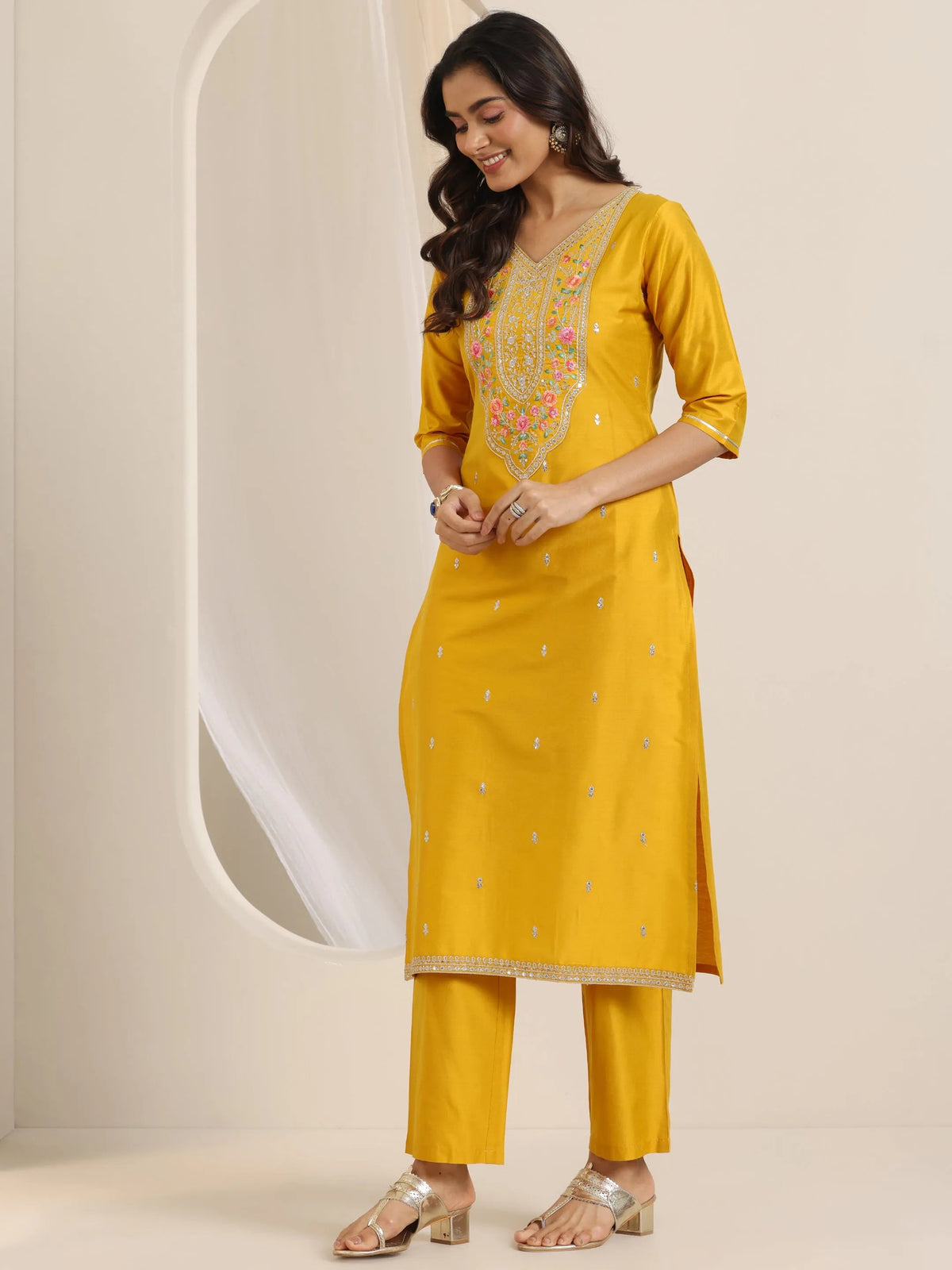 Anouk Mustard Embroidered Silk Blend Straight Suit Set With Dupatta
