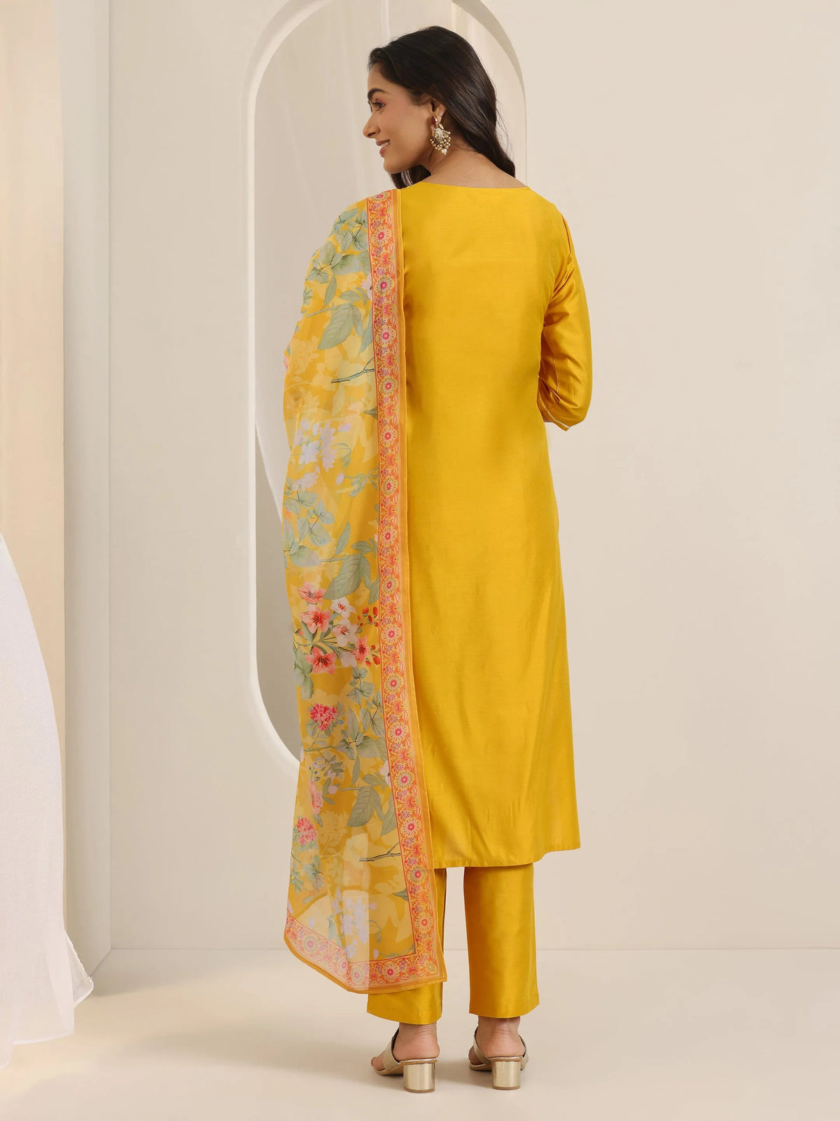 Anouk Mustard Embroidered Silk Blend Straight Suit Set With Dupatta