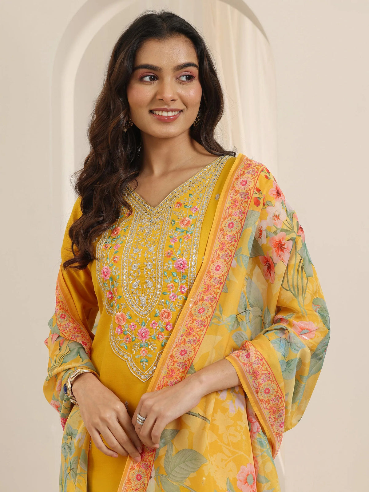 Anouk Mustard Embroidered Silk Blend Straight Suit Set With Dupatta