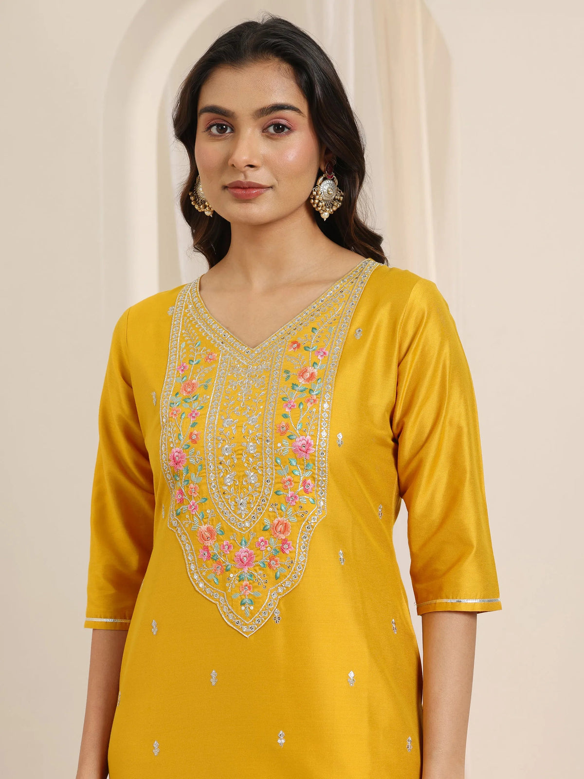 Anouk Mustard Embroidered Silk Blend Straight Suit Set With Dupatta