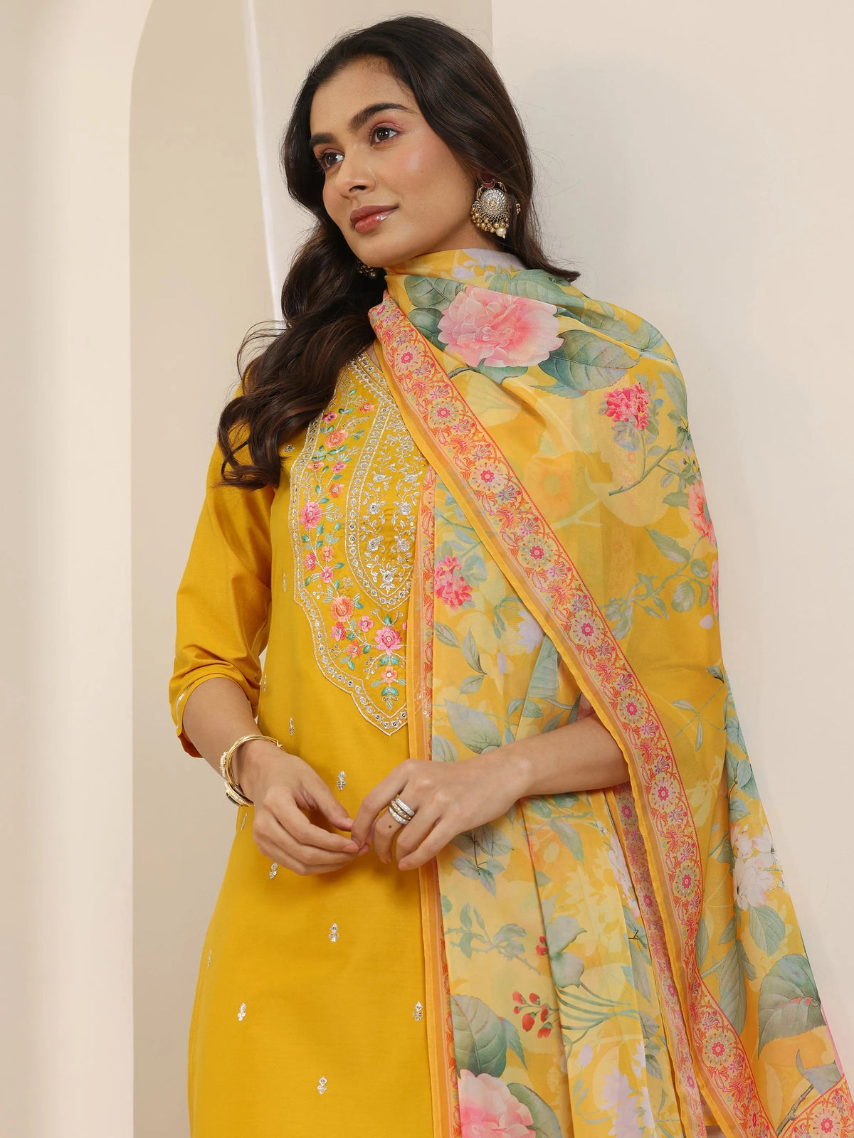 Anouk Mustard Embroidered Silk Blend Straight Suit Set With Dupatta