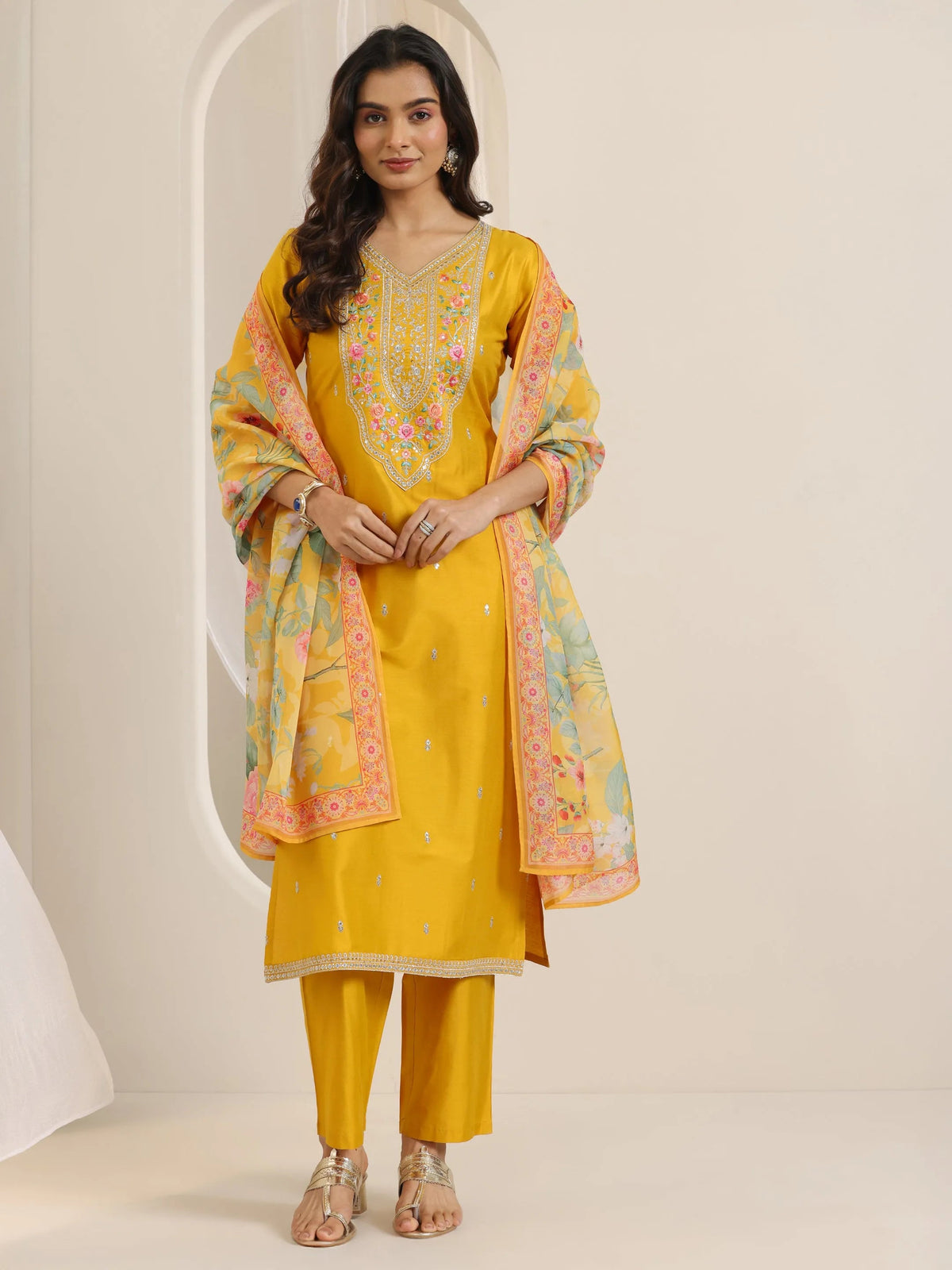 Anouk Mustard Embroidered Silk Blend Straight Suit Set With Dupatta