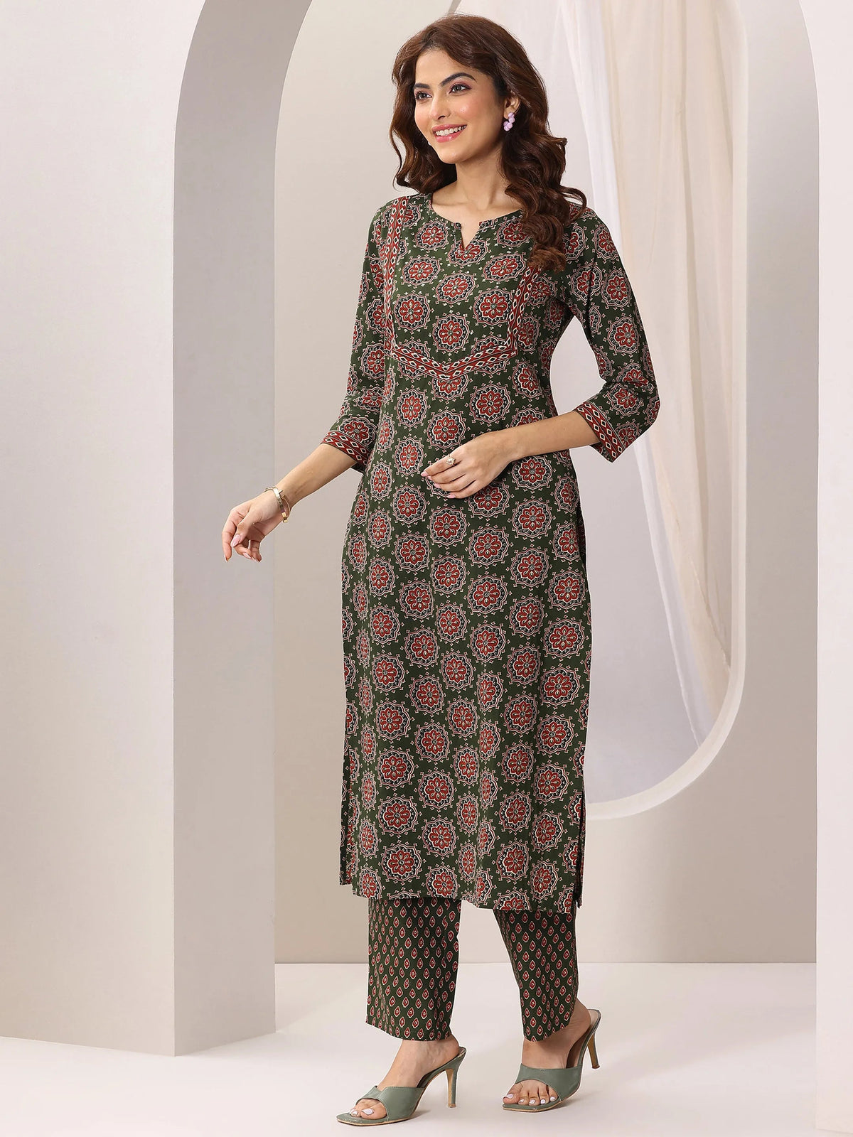 Anouk Green Printed Cotton Straight Suit Set With Dupatta