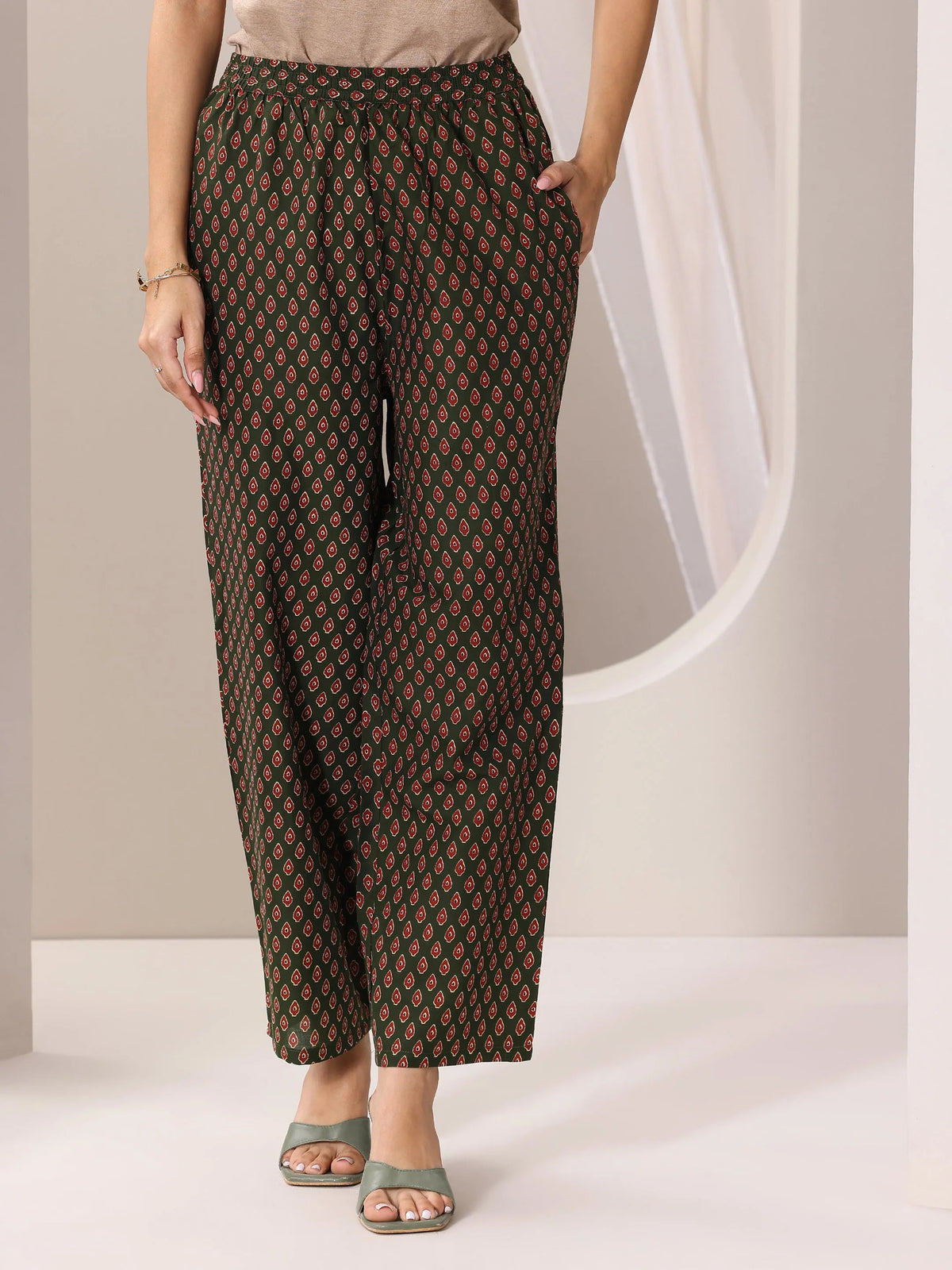 Anouk Green Printed Cotton Straight Suit Set With Dupatta