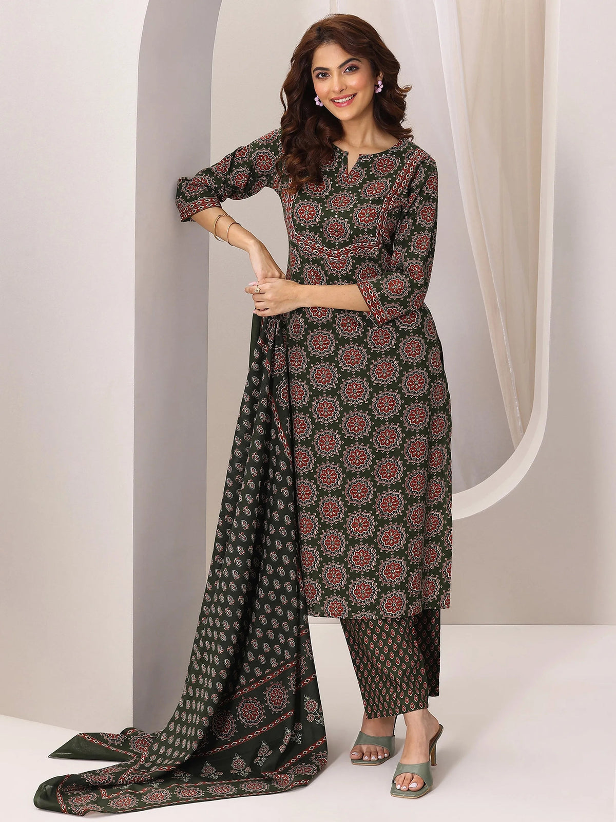 Anouk Green Printed Cotton Straight Suit Set With Dupatta