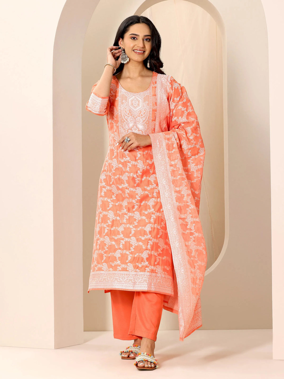Anouk Orange Woven Design Chanderi Silk Straight Suit Set With Dupatta