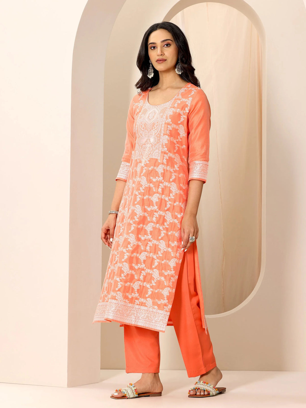 Anouk Orange Woven Design Chanderi Silk Straight Suit Set With Dupatta