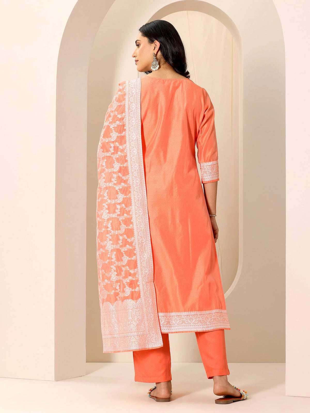 Anouk Orange Woven Design Chanderi Silk Straight Suit Set With Dupatta
