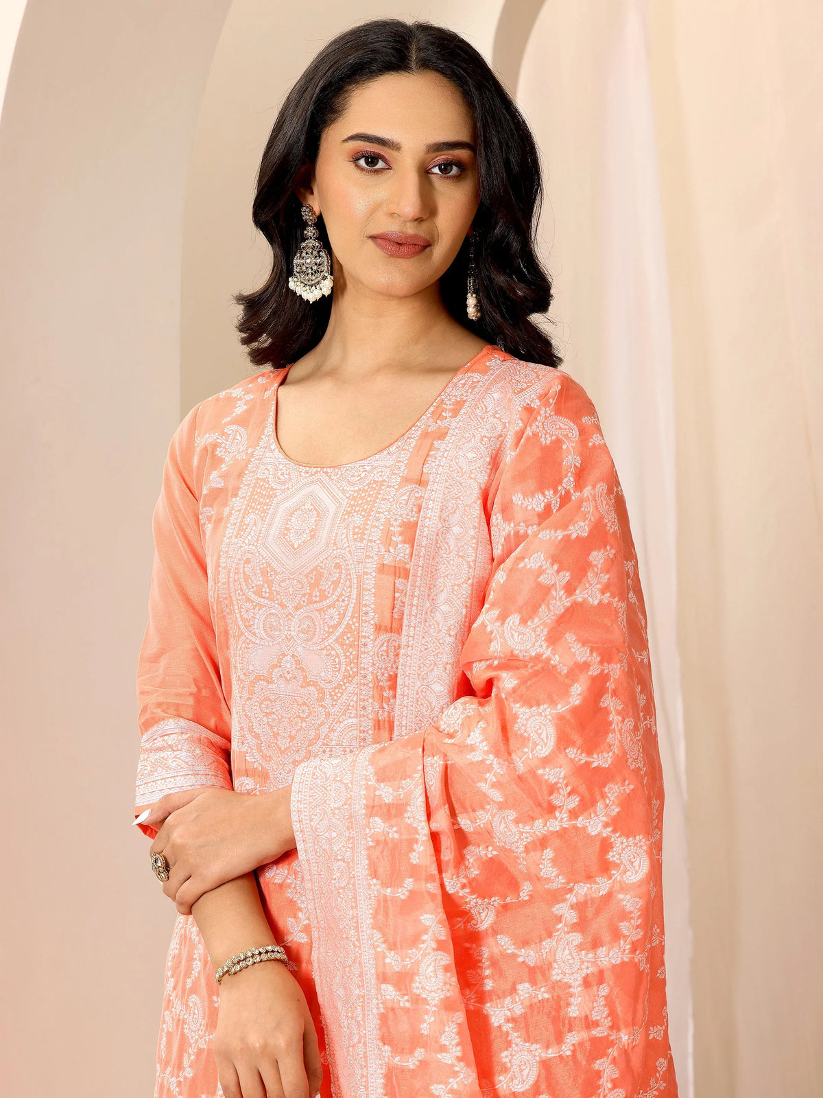 Anouk Orange Woven Design Chanderi Silk Straight Suit Set With Dupatta