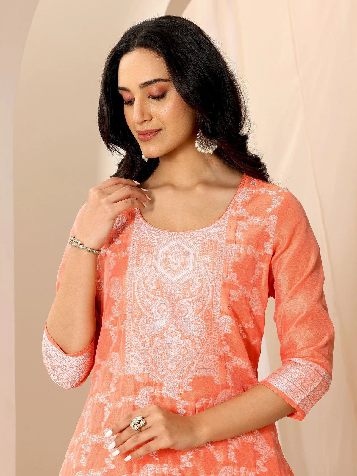 Anouk Orange Woven Design Chanderi Silk Straight Suit Set With Dupatta