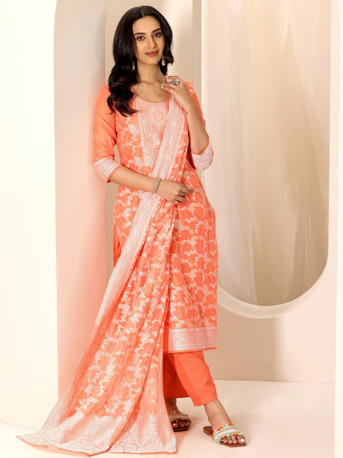 Anouk Orange Woven Design Chanderi Silk Straight Suit Set With Dupatta