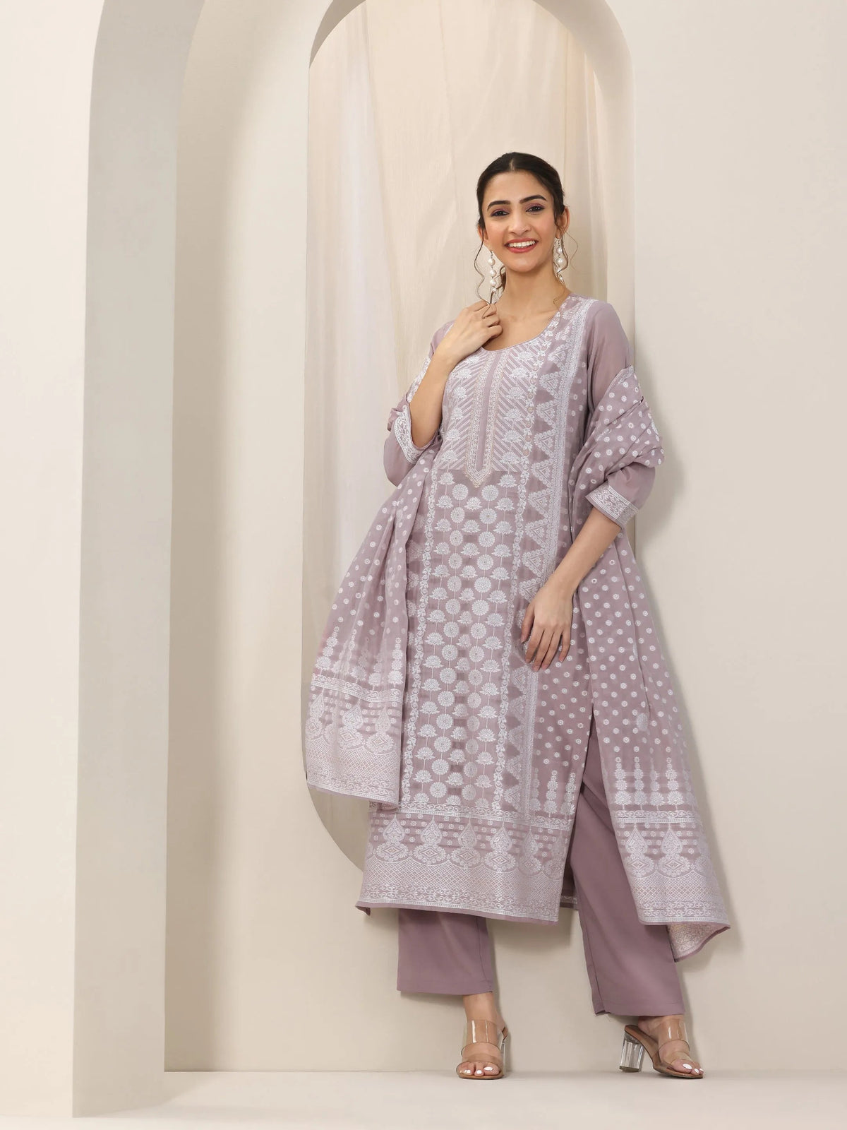 Anouk Mauve Woven Design Chanderi Silk Straight Suit Set With Dupatta