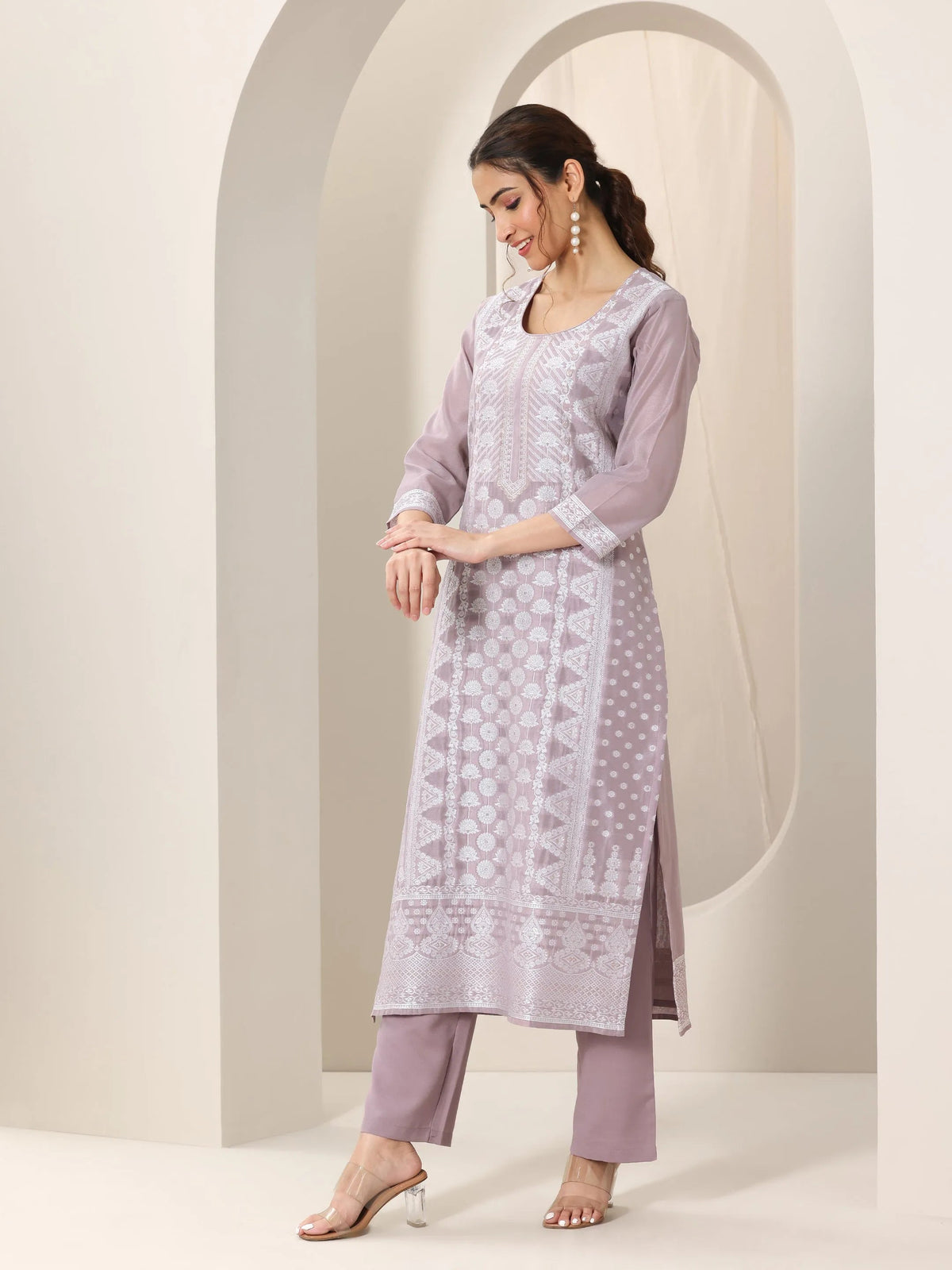 Anouk Mauve Woven Design Chanderi Silk Straight Suit Set With Dupatta