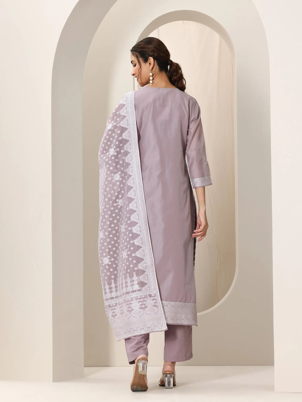 Anouk Mauve Woven Design Chanderi Silk Straight Suit Set With Dupatta