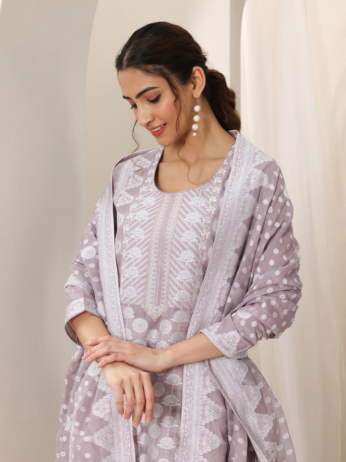 Anouk Mauve Woven Design Chanderi Silk Straight Suit Set With Dupatta