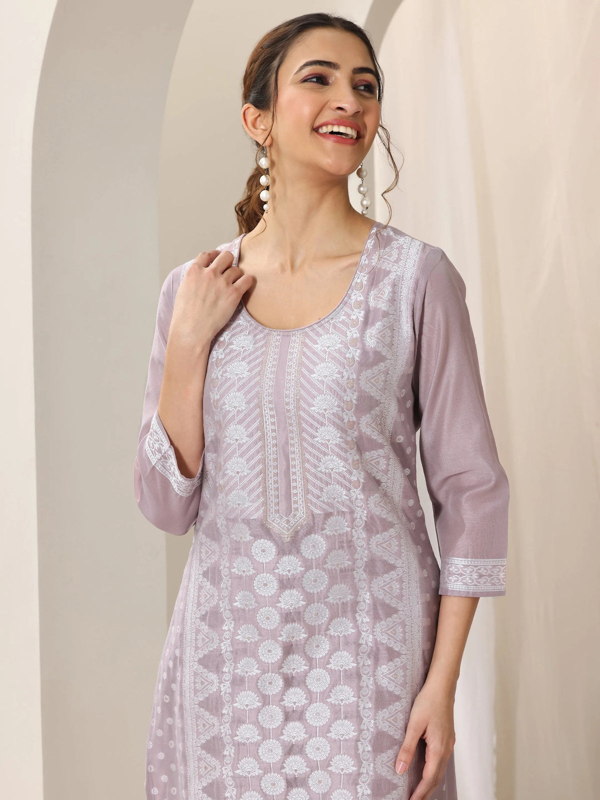 Anouk Mauve Woven Design Chanderi Silk Straight Suit Set With Dupatta