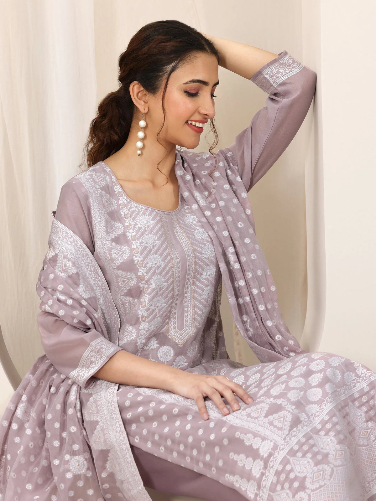 Anouk Mauve Woven Design Chanderi Silk Straight Suit Set With Dupatta