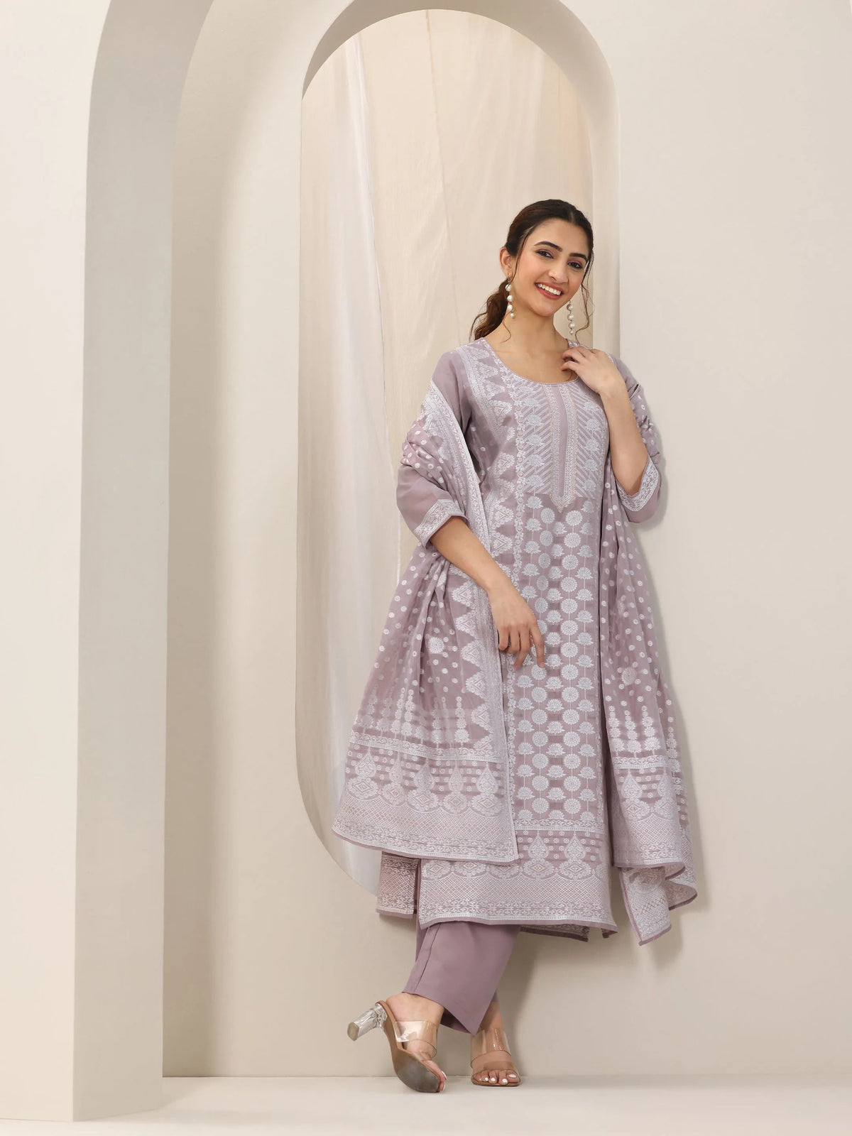 Anouk Mauve Woven Design Chanderi Silk Straight Suit Set With Dupatta