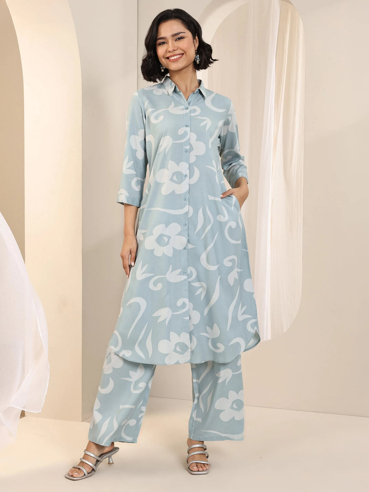 Anouk Blue Printed Rayon Straight Kurta Set