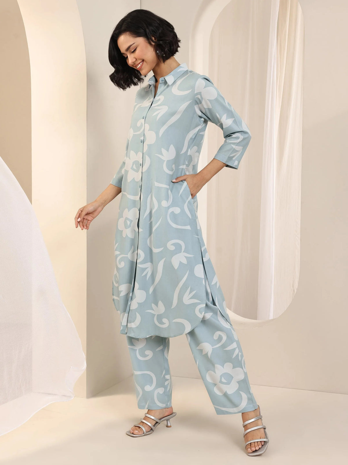 Anouk Blue Printed Rayon Straight Kurta Set