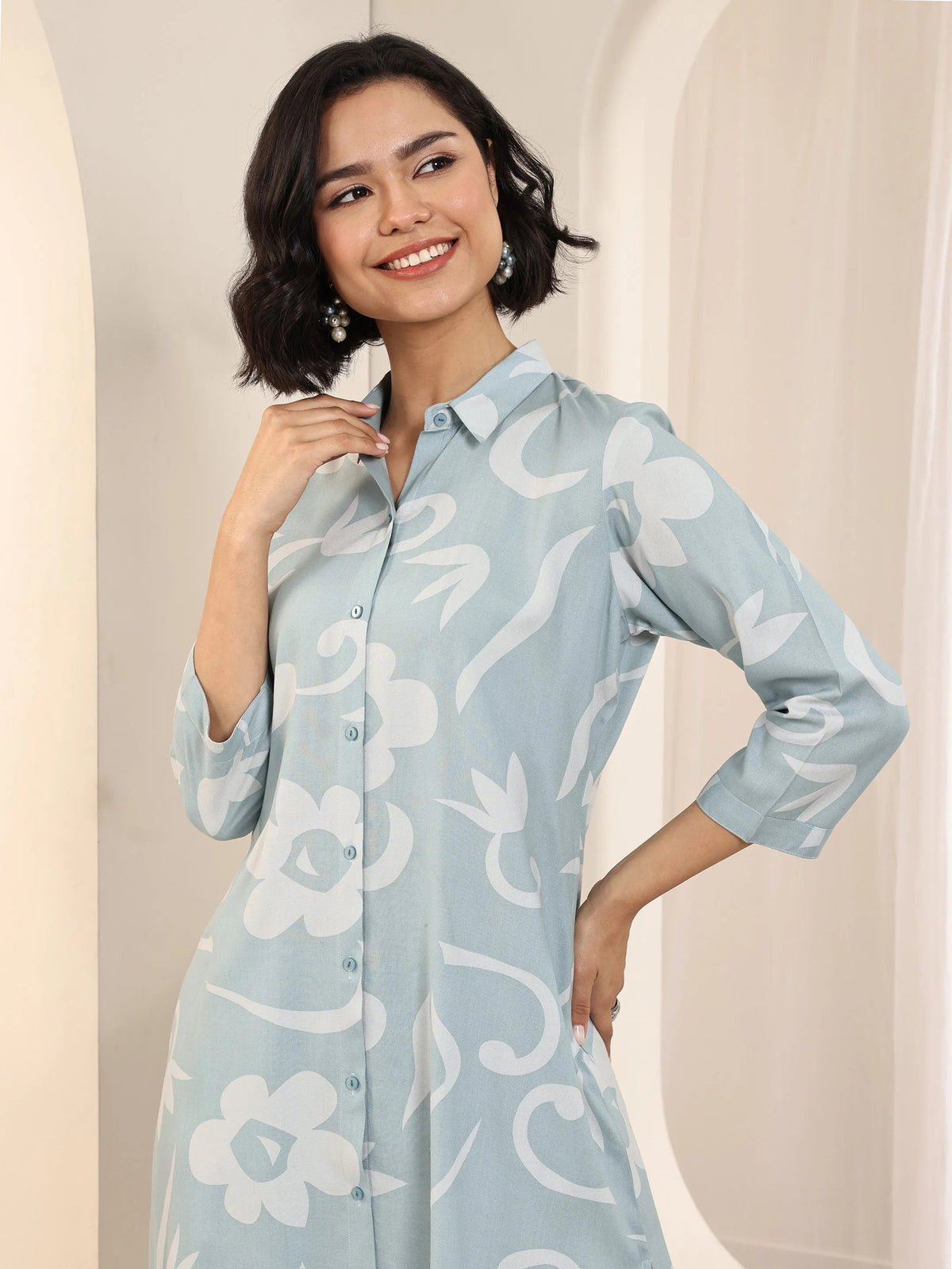 Anouk Blue Printed Rayon Straight Kurta Set