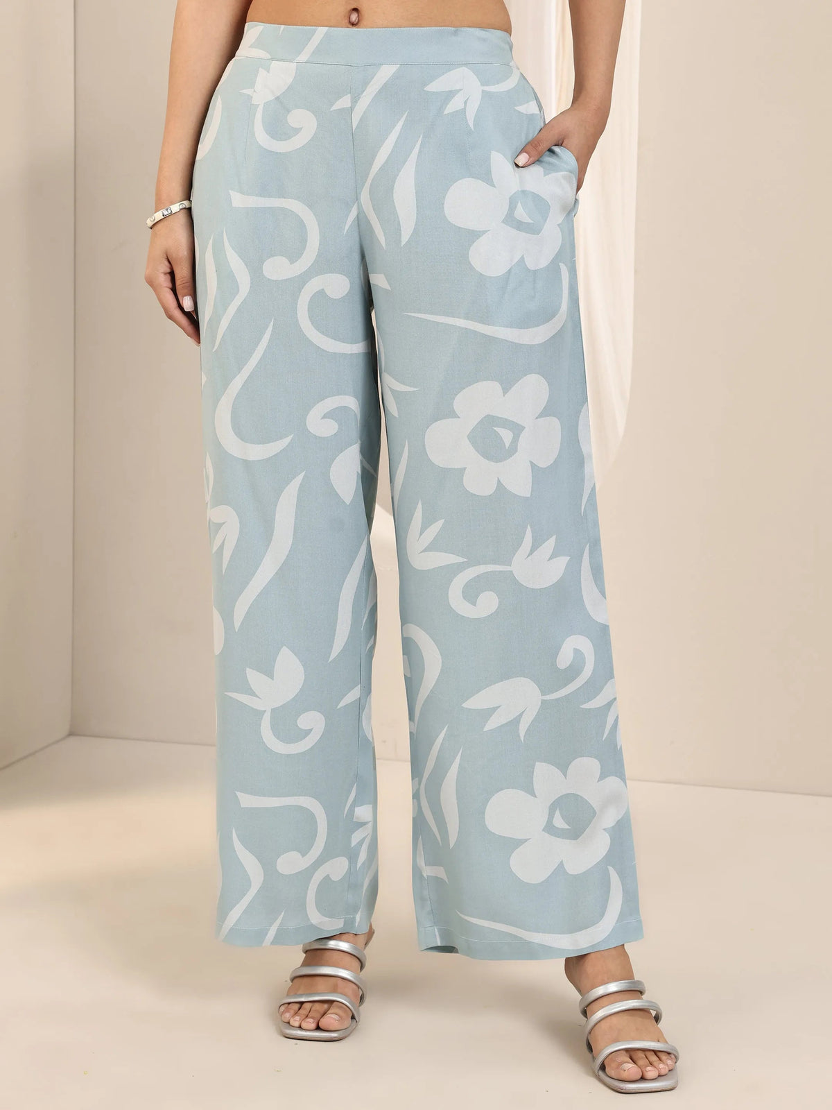 Anouk Blue Printed Rayon Straight Kurta Set