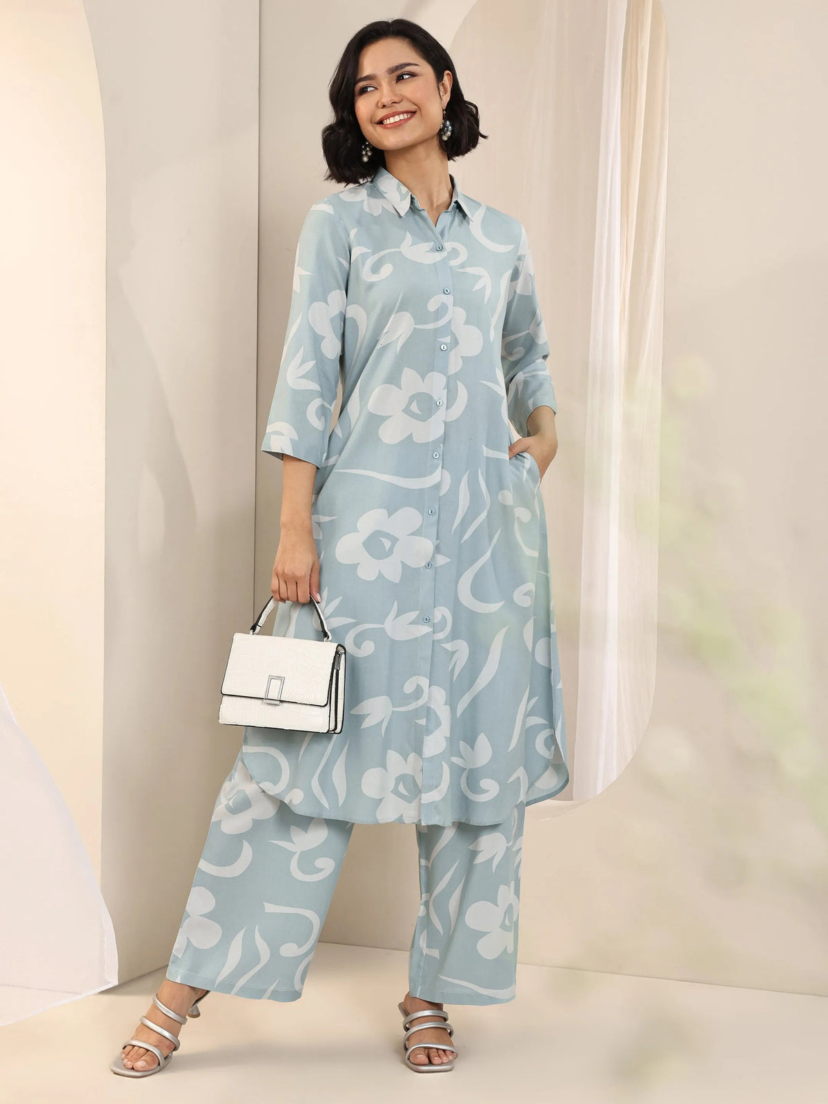 Anouk Blue Printed Rayon Straight Kurta Set