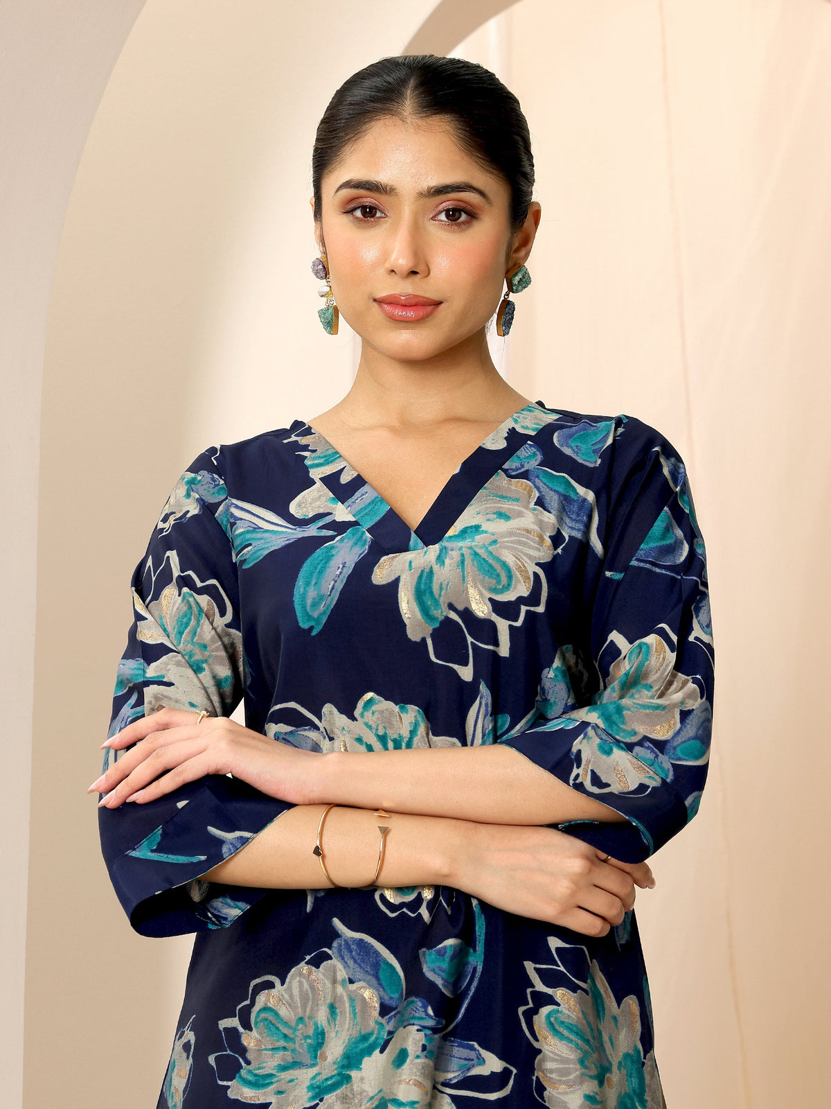 Anouk Blue Printed Silk Blend Straight Kurta Set