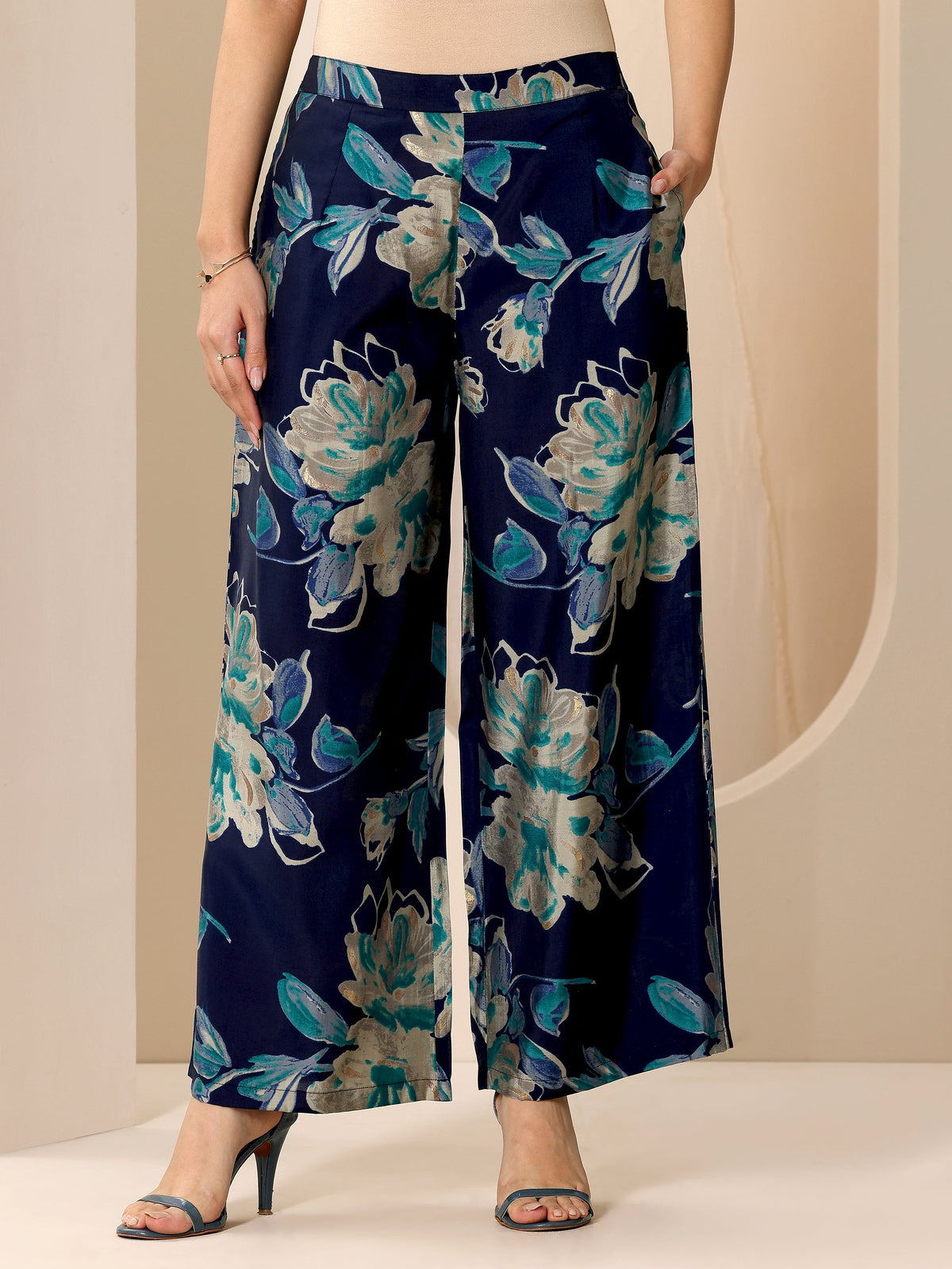 Anouk Blue Printed Silk Blend Straight Kurta Set