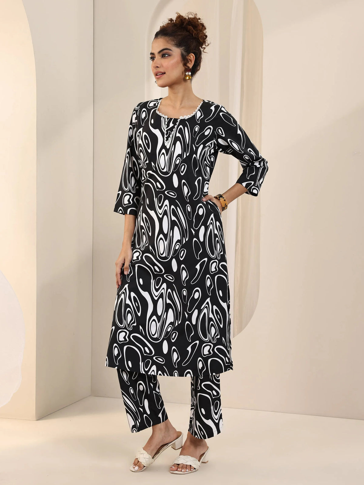 Anouk Black Printed Silk Blend Straight Kurta Set