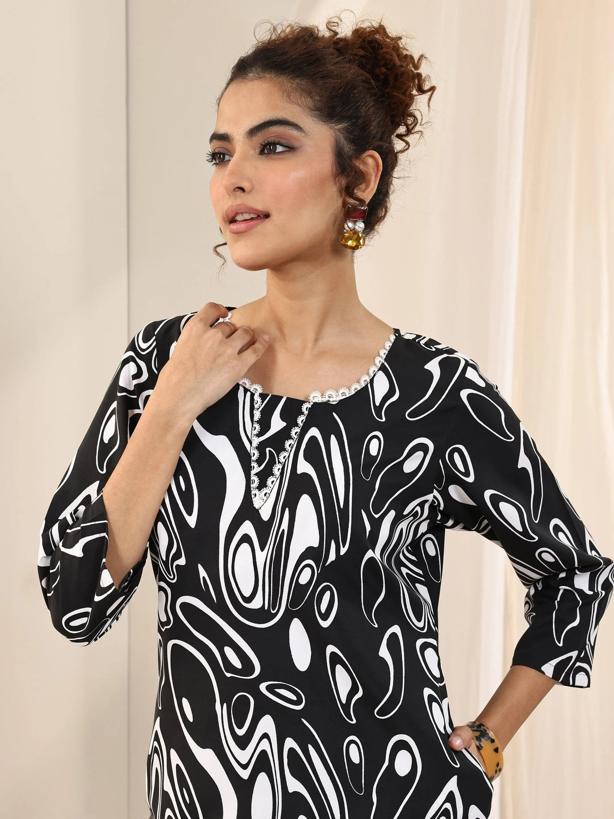 Anouk Black Printed Silk Blend Straight Kurta Set