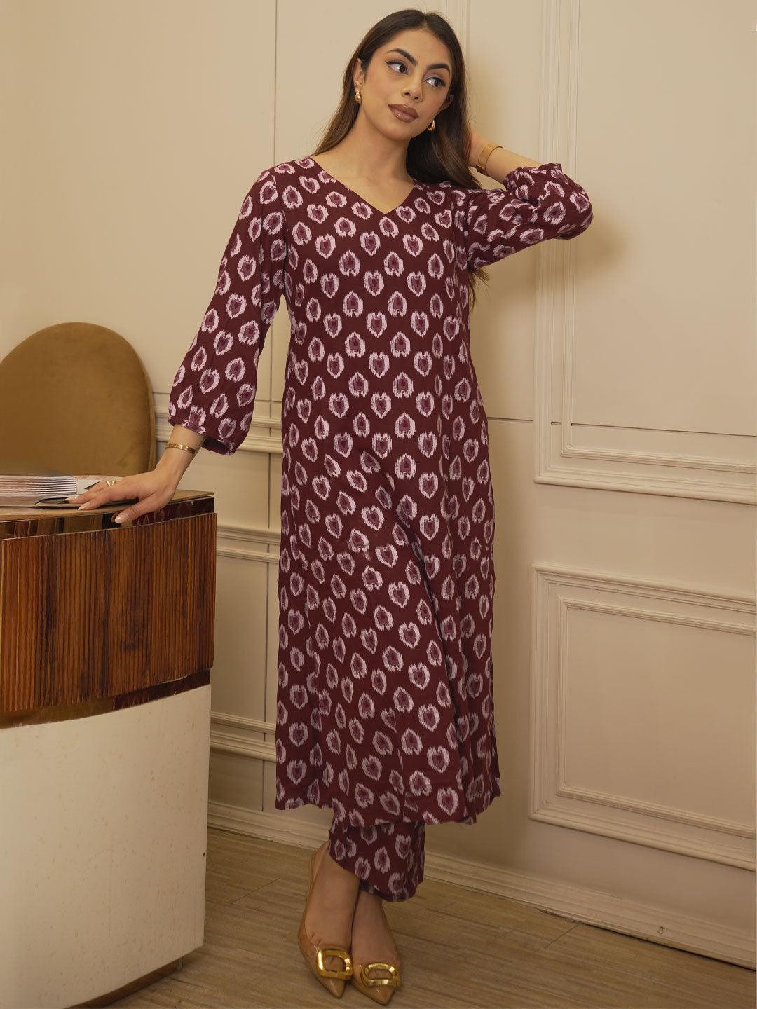 Anouk Maroon Printed Rayon Straight Kurta Set