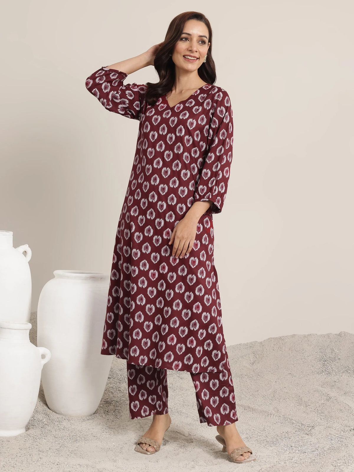 Anouk Maroon Printed Rayon Straight Kurta Set