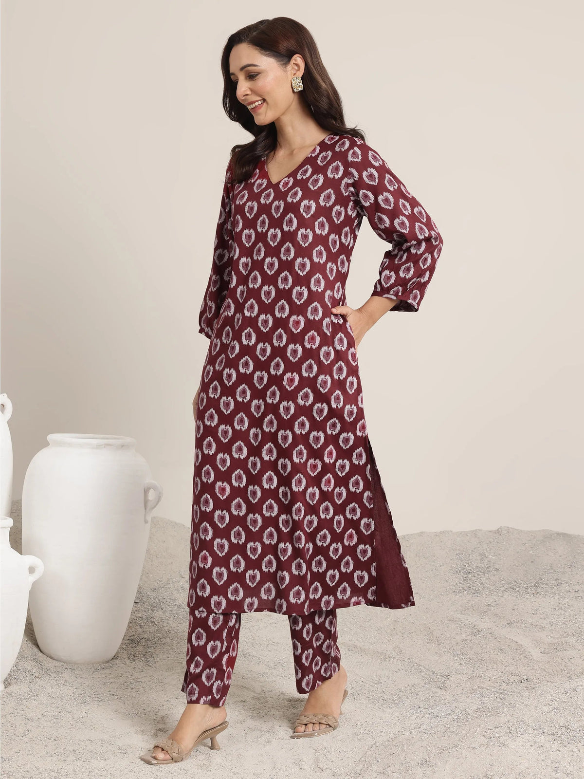 Anouk Maroon Printed Rayon Straight Kurta Set