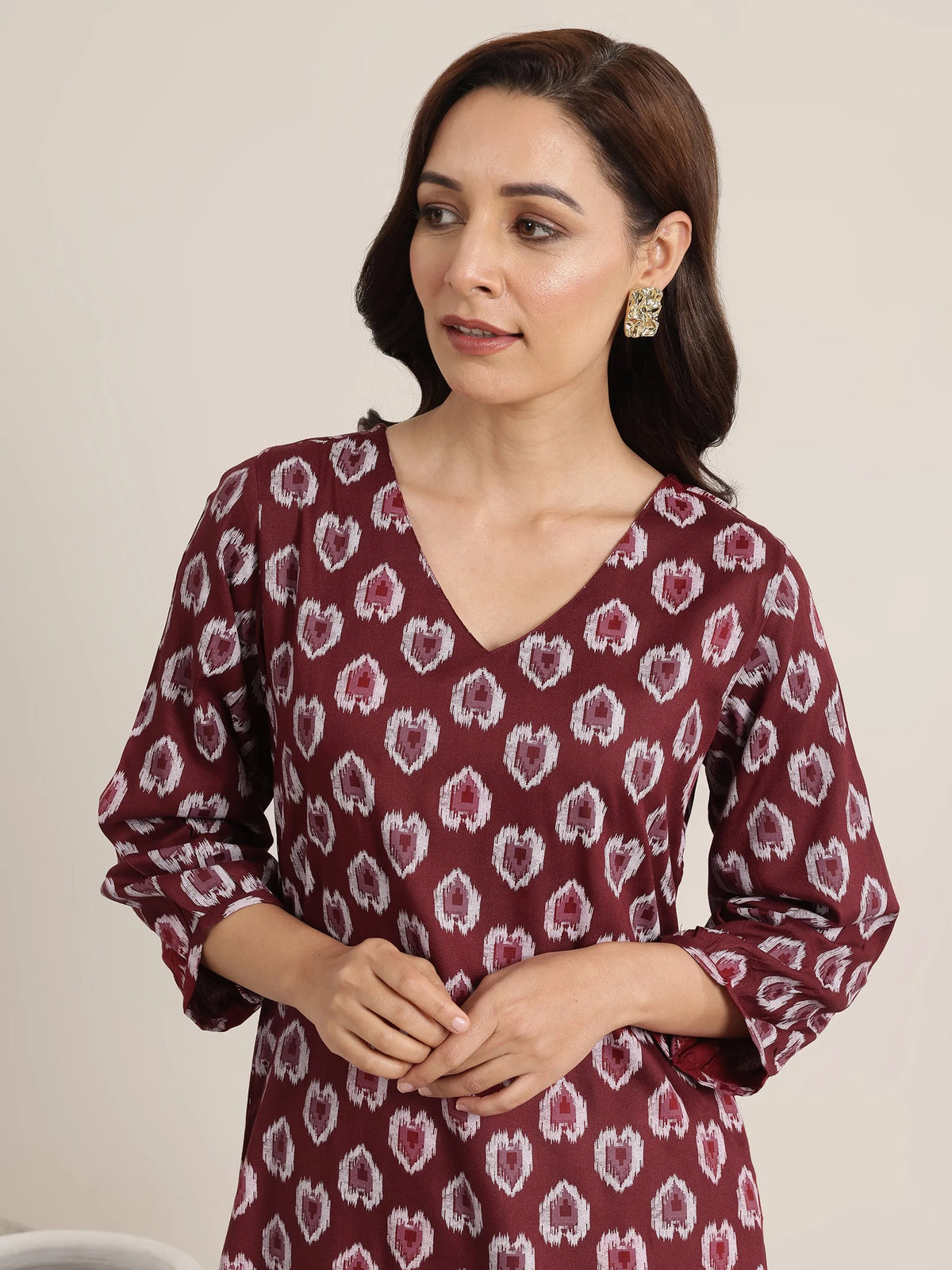 Anouk Maroon Printed Rayon Straight Kurta Set