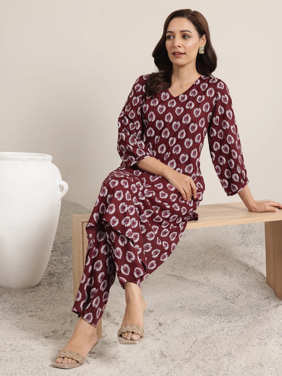 Anouk Maroon Printed Rayon Straight Kurta Set
